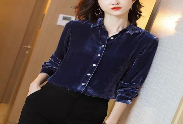 Office Lady Blue Velvet Blusa Botón Botón Camisa para mujeres Moda informal negra Spring Nuevo Camisetas de Tops de manga larga 210429952819