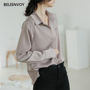 Bureau Lady Mode Bouton Up Satin Soie Chemise Vintage Blouse Femmes Blanc À Manches Longues Femme Blusas Mujer De Moda 210520