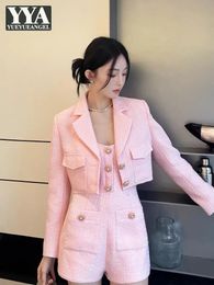 Office Lady Fashion à manches longues Pink Tweed Jacket Suspenders Plays Cuits Two Piece Sweet Femmes Spring Automne Matching sets 240508