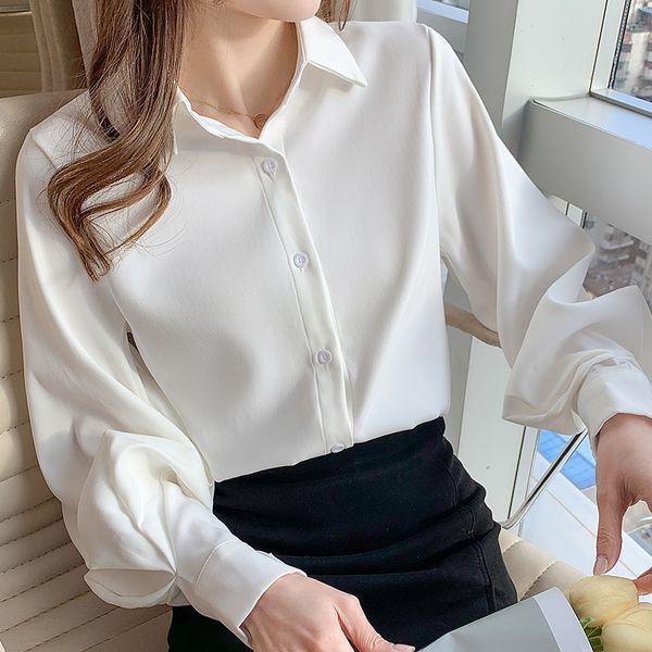 Bureau Lady Lantern Sleeve Blancs Blancs Femmes Spring Mariffon Shirts Vintage Buttons V￪tements Female Blusas Mujer Elegant