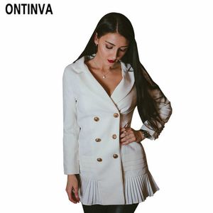 Bureau dame longue élégante blanc plissé Blazers Double boutonnage col en V manches veste grande taille costume manteau Outwear 210527