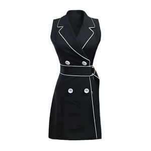 Office Lady Notched Noir Blanc Bouton Sans Manches Sarafan Mini Robe Courte Travail Été D0775 210514