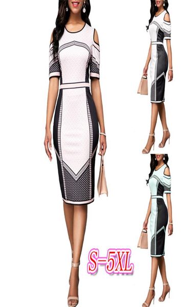 Office Lady Crayon imprimé le genou Longueur régulier Empire O Neck Summer Professional Robe Falme Femme Elegant New Za012679959156