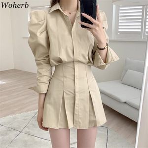 Office Lady Shirt Dress Summer Long Puff Sleeve Sexy Mini Robe Casual Vintage Elegant Women All Match Solid Dresses 210519