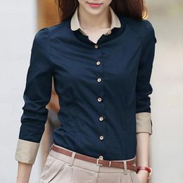 Bureau dame chemise à manches longues col rabattu taille serré boutons Blouse t-shirts pour femmes mode bleu foncé xxxl 240301