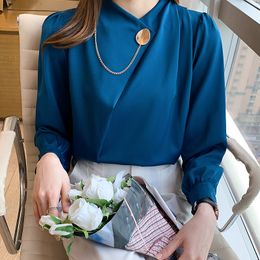 Kantoor Lady Stand Kraag Solid shirts vrouwen 2022 Elegante chiffon dames blouse en tops puff mouw vrouwelijke kleding nieuw