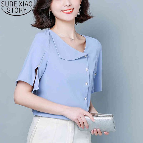 Office Lady Summer Fashion Blusa de gasa Diseño asimétrico Mujer Manga corta Camisas divididas Tops sólidos 9976 210417