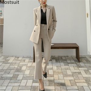Bureau vêtements de travail femmes coréennes Blazer pantalon costumes ensembles automne double boutonnage + pantalon mode Ol Style travail 210513