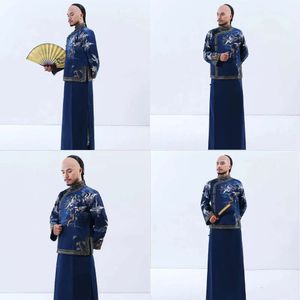 Officiel de la veste en lin en coton de la dynastie Qing + robe longue riche costume maître costume homme performance vieille shanghai tang fine saut-fonds 2024