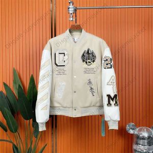 Veste blanche de marque OFF Automne / Hiver 2023 Mode nouvelle industrie lourde broderie manteau en peluche étiquette d'élevage hommes et femmes amoureux manteau de baseball