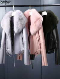 OFTBUY 2019 Real Fur Coat Winter Jacket Women Natural Fox Fur Collar Real Wool Fur Liner PU Faux Leather Thick Warm Streetwear T209587220