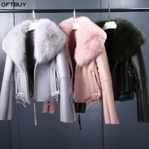 OFTBUY Réel Manteau De Fourrure Veste D'hiver Femmes Col De Fourrure Naturelle Véritable Doublure De Fourrure De Laine PU Faux Cuir Épais Chaud Streetwear CJ191212