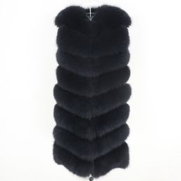 OFTBUY noir réel fourrure longue gilet veste d'hiver femmes manteau naturel moelleux fourrure de renard vêtements d'extérieur Streetwear épais chaud gilet