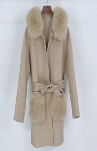 Oftbuy 2020 Cashmere Wol Blends Real Fur Coat Winter Jacket vrouwen Natural Fox bont kraagzak