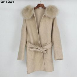 Oftbuy 2020 NIEUWE OVERSIZE Loose Kasjmier Wol Blends Real Burt Coat Winter Jacket Dames Natural Fox Collar Hood Outerwear Belt1776468