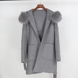 Oftbuy 2020 echte bont jas winterjas vrouwen losse natuurlijke bont kraag kasjmier wol melanges bovenkleding streetwear overtollige lj201021