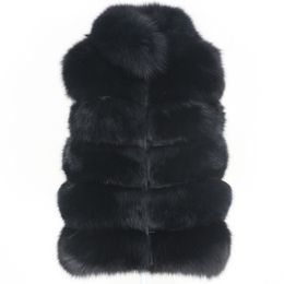 OFTBUY veste d'hiver femmes noir véritable fourrure gilet manteau naturel grande fourrure de renard moelleux vêtements d'extérieur Streetwear col montant sans manches