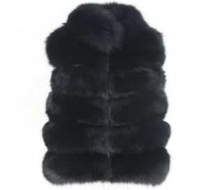 Oftbuy 2020 Winterjas vrouwen zwart real bont vest jas natuurlijk grote donzige vossen vossen bovenkleding streetwear stand kraag mouwloze 1167541