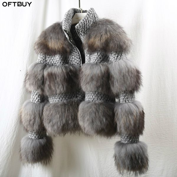 OFTBUY veste d'hiver femmes gris réel manteau de fourrure naturel fourrure de raton laveur laine vêtements d'extérieur Bomber veste coréenne Streetwear nouveau