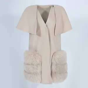 OFTBUY réel manteau de fourrure cape veste d'hiver femmes naturel fourrure de renard poche cachemire laine mélanges vêtements d'extérieur dames Streetwear nouveau