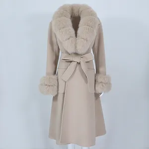 OFTBUY x-long cachemire laine mélanges réel manteau de fourrure ceinture veste d'hiver femmes naturel fourrure de renard col manchettes Streetwear