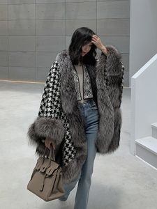 OFTBUY nouvelle mode veste hiver femmes Capes Ponchos réel argent renard col de fourrure Tweed châle manteau cape Plaid épais chaud