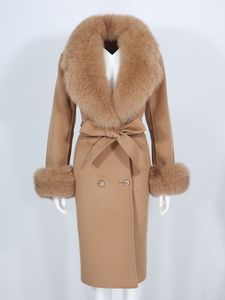 OFTBUY abrigo de piel grande Real chaqueta de invierno para mujer cuello de piel de zorro Natural mezcla de lana de Cachemira prendas de vestir exteriores largas ropa de calle para mujer