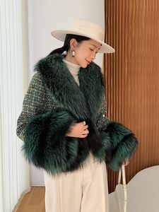 OFTBUY veste d'hiver femmes laine mélanges ceinture manteau naturel réel fourrure de renard col or Plaid épais chaud Streetwear nouveau tweed