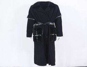 Oftbuy Black Xlong Cashmere Wol Blends Real Fur Coat Belt Winter Jacket Winter Jacket Winter Jacket Natural Mink Fur Pocket Streetwear Outerwear New3976645