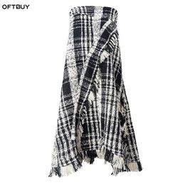 Oftbuy gloednieuwe streetwear gotische mode plaid Tassel hoge slanke taille rok herfst winter asymmetrische lange rokken dames t200113