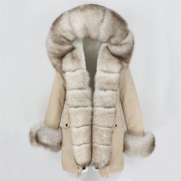 OFTBUY Mode Winterjas Vrouwen Echt Bontjas Natuurlijke Echte Bontkraag Losse Lange Parkas Big Bont Bovenkleding Afneembare 211007