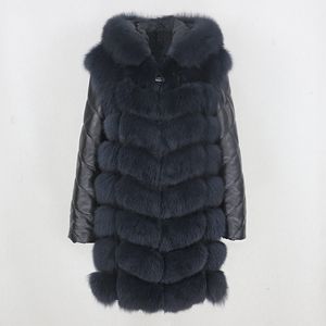 OFTBUY nouvelle marque longue veste d'hiver femmes réel manteau de fourrure naturel fourrure de renard à capuche en cuir véritable manches vêtements d'extérieur Streetwear