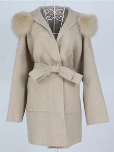 OFTBUY surdimensionné lâche cachemire laine mélanges réel manteau de fourrure veste d'hiver femmes naturel renard col de fourrure capuche vêtements d'extérieur ceinture 240112