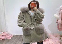 Oftbuy Real Fur Coat Veste d'hiver Femmes Natural Fox Collier de fourrure Pocket Pocket Hood Cashmere Woolen Oversize Dames Ourwear1014953