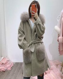 Oftbuy Real Fur Coat Veste d'hiver Femmes Natural Fox Collier de fourrure Pocket Pocket Hood Cashmere Woolen Oversize Dames Ourwear7125448