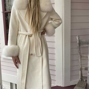 OFTBUY réel manteau de fourrure veste d'hiver femmes col de fourrure naturelle cachemire laine mélanges longs vêtements d'extérieur dames Streetwear 220112