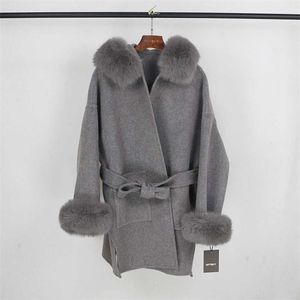 Oftbuy echte bontjas winterjas vrouwen natuurlijke kraag manchetten capuchon kasjmier wol wollen oversize dames bovenkleding 211019