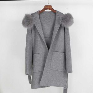 Oftbuy echte bontjas winterjas vrouwen losse natuurlijke vos bontkraag kasjmier wol mengsels bovenkleding streetwear oversize 210927
