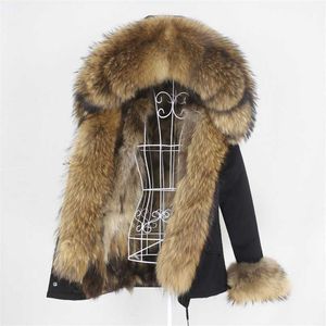 OFTBUY Waterdichte korte parka Winterjas Dames Echt Bontjas Natuurlijke Wasbeer Bovenkleding Hood Streetwear Afneembare 211220