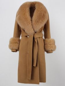 OFTBUY veste d'hiver femmes longue laine naturelle mélanges cachemire réel manteau de fourrure Double boutonnage ceinture chaud Streetwear mode 240105