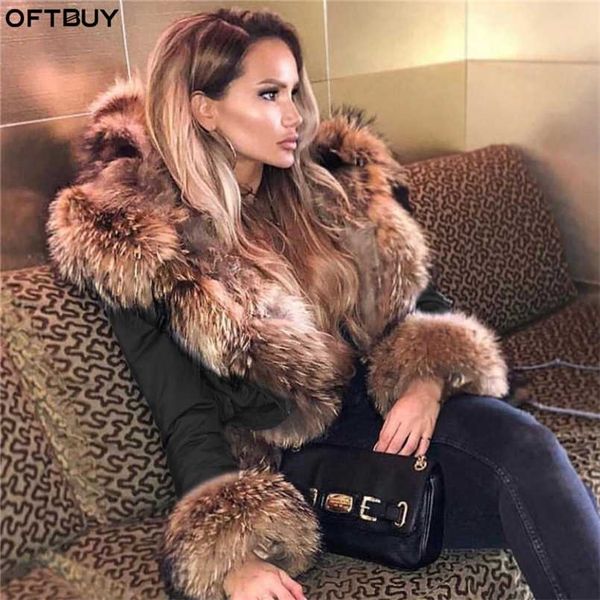 OFTBUY veste d'hiver femmes longue Parka manteau de fourrure véritable col de raton laveur naturel capuche épais chaud Streetwear Parkas 211018