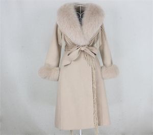 Oftbuy Xlong Tassel Cashmere Wol Blends Real Fur Coat Belt Winter Jacket Dames Natural Fox Collar Cuffs Streetwear 2012154015617