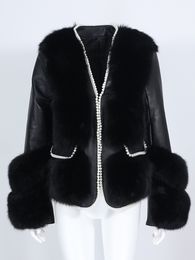OFTUBY nouvelle mode Locomotive veste d'hiver femmes réel manteau de fourrure naturel fourrure de renard en cuir véritable perle chaud vêtements d'extérieur Streetwear