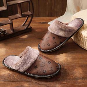 OG Unisex PU lederen pantoffels bedrukte pluche katoenen pantoffel dames indoor huisschoenen platte gezellige huispantoffels winter warme slippers