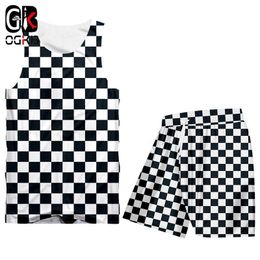 OGKB Hommes Survêtement Cool Mode Noir Blanc Grille 3D Imprimé Hip Hop D'été Rafraîchissant Débardeur + Short Ensemble Surdimensionné 6XL Q0716