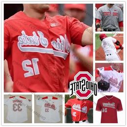 Ohio NCAA State Buckeyes Baseball # 2 Kobie Foppe 3 Jake Vance 12 Tyler Cowles 44 Connor Curlis College Gris Blanc Rouge Maillots S- Haut