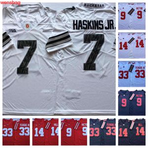 Ohio State Buckeyes Op voorraad Voetbalshirt 7 Dwayne Haskins J R 9 Binjimen Victor 14 K.J. Hill 33 Master Teague III gestikte trui