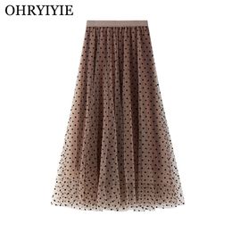 Ohryiyie Polka Dot Spring Summer Faldas de tul Mujeres Nuevo Elástico Elástico Alto Cintura Alta A Línea Falda Mujer Playa Playa Midi Skit 210310