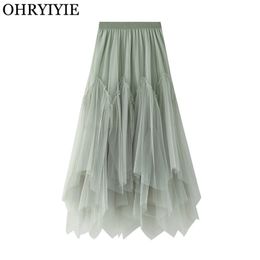 Ohryiyie vrouwen onregelmatige lange tule rokken dames hoge taille enkellengte tutu maxi rokken beige groene vrouwelijke faldas jupe femme 210331