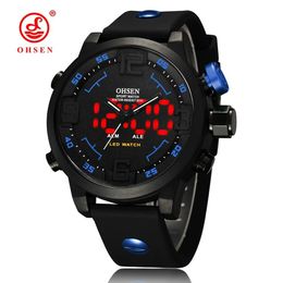 OHSEN Zwarte Mannen Horloges Militaire Sport Quartz 5 Bar Waterdichte LED Dual Time Digitale Horloge Horloges Klok Relogio Masculino